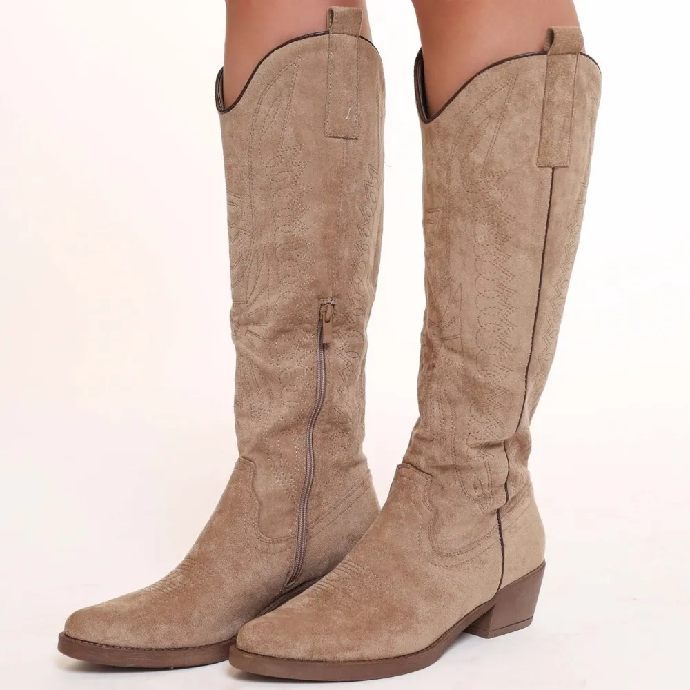 Olivia & Kate Laarzen-Beige Hoge Suede Cowboy-Laarzen