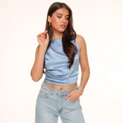 Olivia & Kate Tops-Jeans Blauwe Satijnen Open Rug-Tops