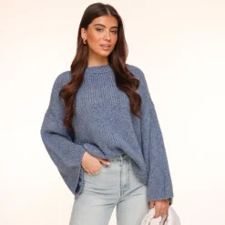 Olivia & Kate Truien-Jeans Blauwe Wollen Gebreide Wijde Mouwen-Trui