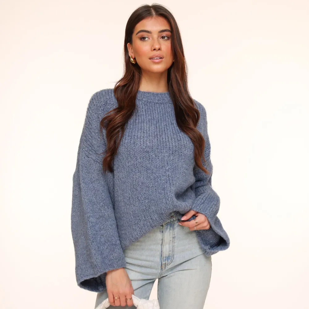 Olivia & Kate Truien-Jeans Blauwe Wollen Gebreide Wijde Mouwen-Trui
