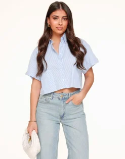 Olivia & Kate Tops-Lichtblauwe Gestreepte Cropped Ss-Blouse