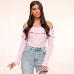 Olivia & Kate Tops-Lichtroze Elastische Ruffel Off Shoulder-Top