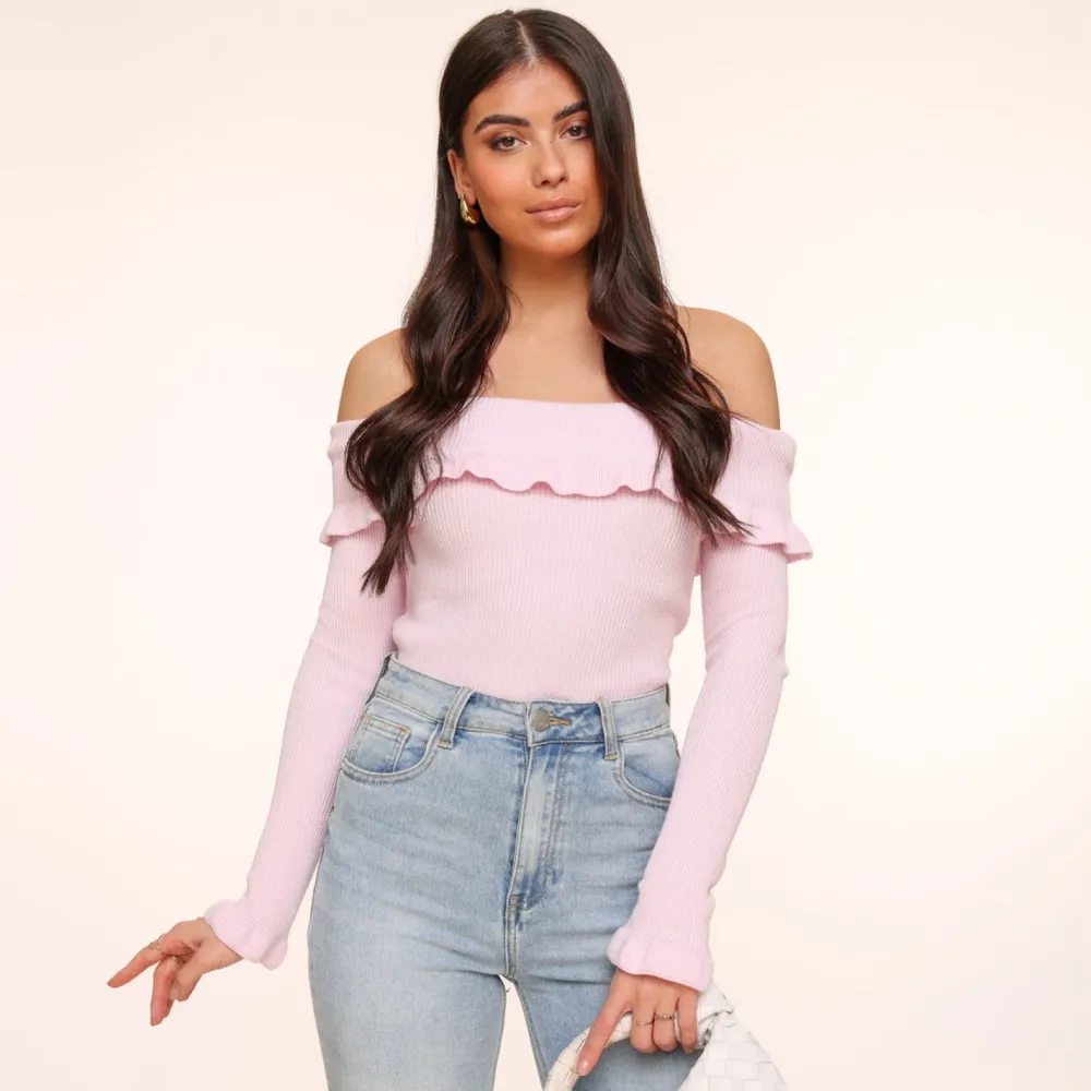 Olivia & Kate Tops-Lichtroze Elastische Ruffel Off Shoulder-Top