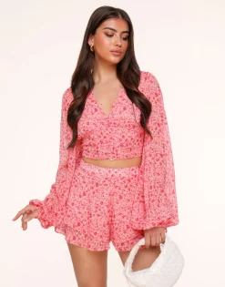 Olivia & Kate Tops-Roze Bloemen V-Hals-Top