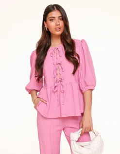 Olivia & Kate Sets-Roze Korte Strikjes Pofmouwen Plisse-Set