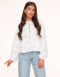 Olivia & Kate Tops-Witte Bloemen Lange Mouwen Strikjes-Blouse