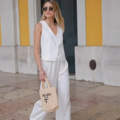 Olivia & Kate Gilets-Witte Lage V-Hals Linnen-Gilet