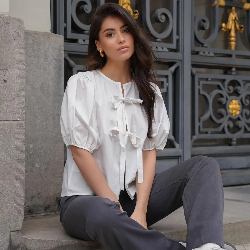 Olivia & Kate Tops-Witte Strikjes Korte Pofmouwen-Top
