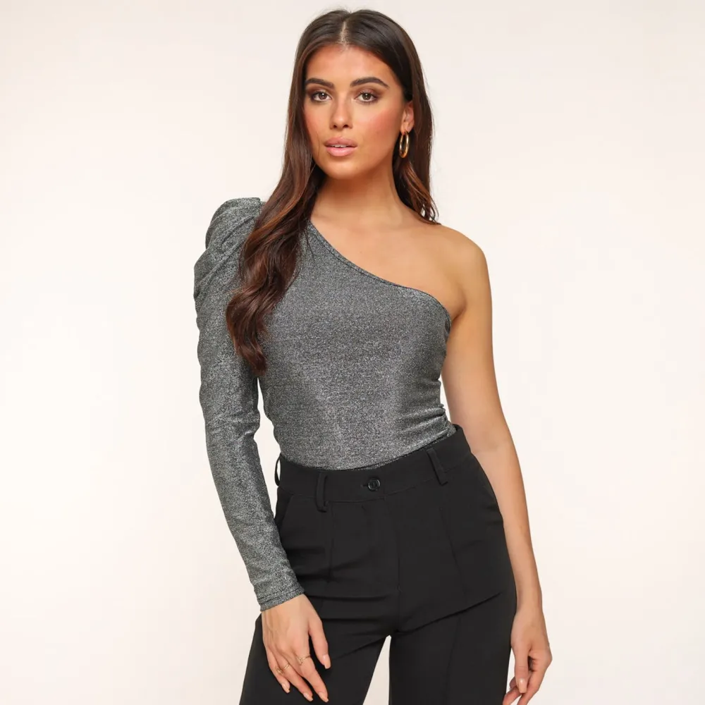 Olivia & Kate Tops-Zilveren Glitter One Sleeve-Top