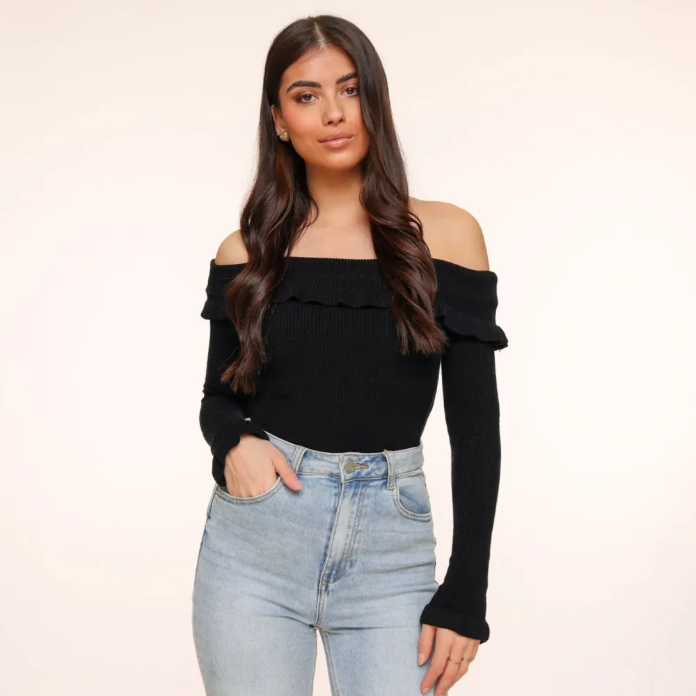 Olivia & Kate Tops-Zwarte Elastische Ruffel Off Shoulder-Top