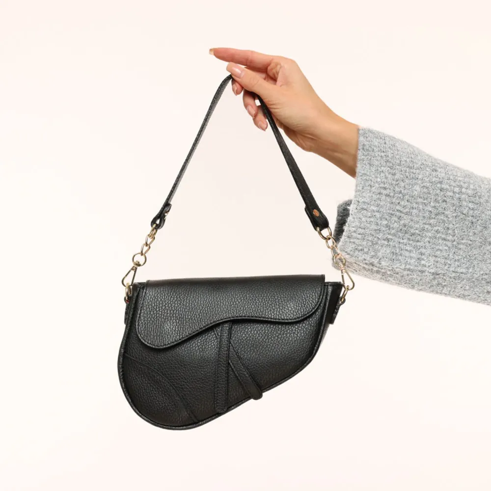 Olivia & Kate Tassen-Zwarte Leren Saddle-Tas